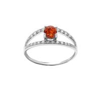 1001 Bijoux Bague argent rhodié (Argent 925‰ + protection Rhodium) ambre véritable et 2 rangs oxydes blancs + écrin (offert) + Certificat d'Authenticité Argent 925‰ - tour de doigt 52