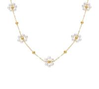 1001 Bijoux Collier acier doré jaune avec fleur perles blanches imitation 40+5cm + écrin (offert)
