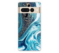 1001coques Coque Compatible avec Google Pixel 7 Pro - Housse Fine en Silicone Transparente - Design marbre Bleu Paillete