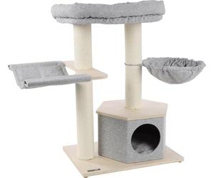 1001kdo Arbre à Chat avec Hamacs et Niche, Bois Contreplaqué, Gris et Beige, Grattoir en Corde de Papier, Plateforme et Panier Rembourrés, 104 x 55 x 88 cm