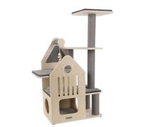 1001kdo Arbre à Chat Maisonnette avec Plateforme, Bois Contreplaqué, Grattoir en Corde de Papier et Sisal, Coussins Amovibles Gris et Beige, 82 x 38 x 114 cm