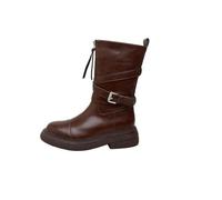 100junzidao Bottes Cowboy Western Femme Plateforme Bout Rond Mi-Mollet Zip Devant Design Vintage Français Mode Gain Taille Cuir