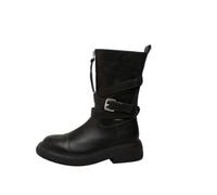 100junzidao Bottes Cowboy Western Femme Plateforme Bout Rond Mi-Mollet Zip Devant Design Vintage Français Mode Gain Taille Cuir