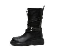 100junzidao Bottes Motardes Femme mi Mollet à Talon Bloc Fermeture Avant Design Longueur Mollet Cuir véritable Semelle épaisse Doublure Confortable Style Militaire.