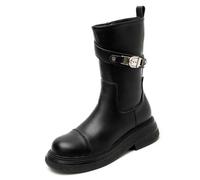 100junzidao Bottes Plateforme Femme mi Mollet à Fermeture latérale Boucle inclinée Bout Rond Design à Panneaux de Cuir Effet Amincissant et Gainant pour Silhouettes Petites.