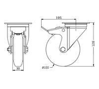 100mm swivel/brake castor with black rubber on pressed steel centre wheel