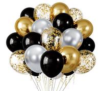 100pcs Ballon Noir et Or,Dorés Confettis Latex Ballon,12 Pouces Ballon Argenté,Decoration Anniversaire Noir avec 2 Rubans pour Kit Arche Ballon Mariage Baby Shower FêTe DéCoration