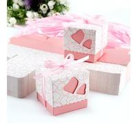 100pcs Boîte à dragées avec couvercle coeurs ruban rose clair Faveur Bonbonnière mariage baptême bébé fille Matière: papier
