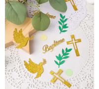 100PCS Confettis Baptême Décoration de Table Confettis en Papier Verts et Dorés Croix Pigeon Baptême pour Communion Confirmation Accessoire de Fête