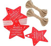 100PCS Étiquettes en Papier Kraft Étiquette Étoile à Cinq Branches 6x6cm Étiquette de Noël Rouge Étiquettes Décoratives Avec 30 Mètres de Ficelle de Jute