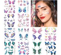 100pcs Halloween Tatouages Temporaires Visage,12 Feuilles Paillettes Papillon Faux Tatouages Autocollants Bling Métallique Taches De Rousseur Tatouage Transfert D'eau Tatouage Art Visage Bras