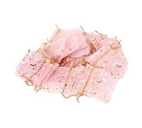 100pcs Moon Star Organza Bags | Shiny Golden Drawstring Present Bags for Party Favors/Christmas/Newborn Showers | Transparent Pink Pouches for Sweets & Small Presents 3.3x2.6in