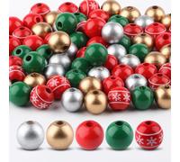100pcs Perles en Bois de Noël 16mm Multicolores Rouge Vert Naturel Doré pour Guirlande Décoration Sapin Fabrication de Bijoux DIY Artisanat Décorations de Fête