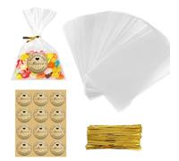 100pcs Petit Sac Sachet Bonbon Pochette Transparents avec 100 Merci Étiquettes et Liens,Sachet d'emballage Cellophane pour Biscuit Bonbons Perles Bijoux Cadeau 10 * 15 cm (100pcs