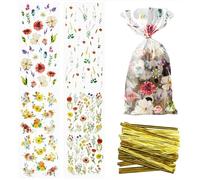 100Pcs Wildflower Party Cellophane Treat Bags Plastique Floral Candy Cookie Packing Clear Goody Gift Bags Favor Decorations 4 Design avec 100 Ties pour Birthday Baby Shower Tea Party Supplies