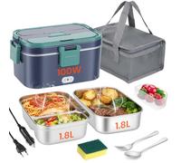 100W Gamelle Chauffante Electrique 1.8 L Chauffage Rapide 12V/24V, 110V/240V, Lunch Box Chauffante Electrique pour la Maison et la Voiture Facile à Nettoyer, 304 Acier Inoxydable, Avec Sac Isotherme