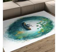 100x150cm Tapis Couple en Canoë Lac aux Nénuphars Vert Sarcelle Lavable | Aquarelle ondulations tapis antidérapant à poil bas art naturel serein tapis intérieur doux pour salon.