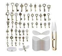 101 pièces Ensemble de Pendentifs à Clé Antiques Vintage Décoratifs Avec 1 paire de ciseaux de point de croix jaunes (50 x Clés Volantes Charmes, 50 x Ailes de Libellule, 1 x 30 Mètres de Fil Perlé) p