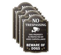 101SignCity Lot de 4 panneaux d'avertissement « No Trespassing, This Property is Protected By Video Surveillance, Beware of Dogs » pour cours, maisons et entreprises - 20,3 x 30,5 cm en aluminium