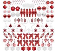 105 pièces Ornements d'arbre de Noël Ensemble de Boules Rouge et Blanches Complet en Plastique Anti - bris Inclus Couronne Boule Flocon de Neige étoile Sapin cône Perle Guirlande
