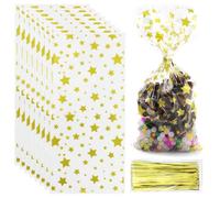 105 pièces sacs à biscuits étoilés jaunes, sacs en cellophane avec bandes de reliure, sacs à biscuits de Noël, sacs d'emballage de snacks pour anniversaire, Noël, mariage