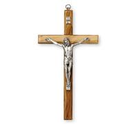 10653 Crucifix mural en bois d'olivier avec corps en métal argenté 12 cm