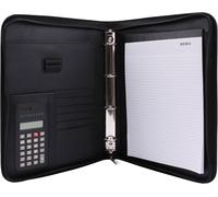 10742 Porte-Documents A4 Avec Classeur Et Calculatrice Intégrés, Plastique Résistant Aspect Cuir Avec Fermeture Éclair, Bloc-Notes A4 Et Porte-Stylo Noir