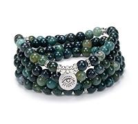 108 Mala Prière Méditation Perles Bracelet Collier avec le Mauvais Œil de Protection Charme Bonne Chance Yoga Bijoux (Agate mousse (Moss Agate))