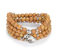 108 Mala Quartz Perles Minuscule Éléphant Porte-bonheur Wrap Bracelet Collier Self Discovery Yoga Inspirational Bijoux (Jaspe Grain de Bois Jaune （Yellow Wood Grain Jasper）)