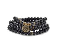 108 Perles Mala en Pierre Naturelle Bracelet Collier de Méditation Yoga avec Breloque Om (Black Agate (Agate Noire))