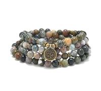 108 Perles Mala en Pierre Naturelle Bracelet Collier de Méditation Yoga avec Breloque Om (Indian Agate (Agate Indienne))