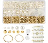 1090pcs Round Beads For Bracelet Making,4/6/8/10/12mm,Craft Kit With Crystal Wire For Jewelry Making,Golden Synthetic Beads For Bracelets Ornaments,