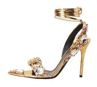 10CM/3.93IN Super Talon Pointu Strass Mode Banquet Catwalk Sandales Lace Up Robe de soirée Bridal Shoes,d'or,40 EU