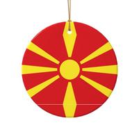 10cm Pendentif Ornement Rond en Céramique - Drapeau de Macédoine du Nord Décoration de Noël pour Bricolage Artisanat Étiquettes Vacances et Cadeaux Souvenir