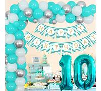 10e anniversaire décorations pour fille bleu sarcelle blanc et argent ballon guirlande kit arc turquoise joyeux anniversaire bannière numéro 10 ballon en aluminium pour fête d'anniversaire de 10 ans