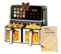 10L air fryer double zone,avec hublot,Écran tactile 12 programmes de cuisson,rôtissage,grillade,décongélation,2000W,50 feuilles de papier sulfurisé pour friteuse à air chaud incluses