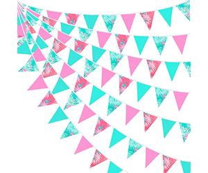 10M/32Ft Flamingo Rose Flamant Vert Fanion Bannière Tissu Triangle Drapeau Bunting Garland pour Flamingo Aloha Tropical Luna Hawaiian Jungle Summer Birthday Wedding Party Hanging Decor