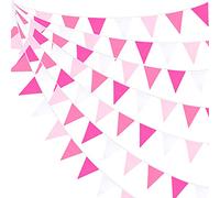 10M/32Ft Guirlande Fanions Rose Déco Bannière Drapeau Vif Rose Tissu Triangle Coton Bunting pour Anniversaire Bapteme Mariage Anniversaire Fête Jardin Suspendus Festivals Décoration