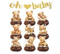 10PCS Décoration Table Gender Reveal Baby Shower Motif Ourson - Centres de Table en Nid d’Abeille pour Fête Révélation Sexe Bébé Fille Garçon, Baptême, Naissance (Brun)