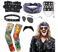 10PCS Deguisements Rock Accessoires,Accessoires de Costume Rock avec Bandana Manches Couvre Gants Bracelet Lunettes Moustacheet Tour de Cou Anneaux pour Femmes Hommes Fête des Années 70 80