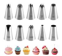 10pcs Douilles Pâtisserie Grandes Inox Professionnelles, Embouts Poche à Douille, 10 Formes Différentes, Accessoires Décoration Gâteaux Cupcakes Biscuits Glaçage (1A,1M,2D,2F,580,R6,108E,6B,4B,2C)