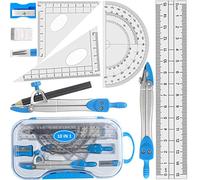 10pcs Géométrie, Ensemble de mathématiques Boussole et rapporteur avec crayon/taille crayon/gomme/règles pour l'école, boussole métal Kit de mathématiques Trousse à crayons Pour filles & garçons-Bleu