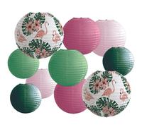 10pcs lanterne papier lanterne japonaise chinoise 30 25 20 cm Forme de Boule avec Motif de Flamant Rose et Couleur Verte, Idéales pour Anniversaires, Baby Showers, Décoration de Jardin et Plus Encore.