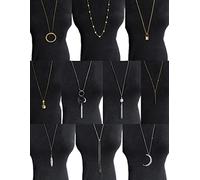 10Pcs Long Pendant Necklace Simple Moon Bar Three Triangle Tassel Lock Sweater Y Shape Punk Chain Choker Necklace for Women Men Gold Silver Tone (E:10Pcs (Lock))