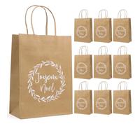10Pcs Sac Cadeau Noël Papier Kraft Pochette Emballage avec Poignée “Joyeux Noël” “Joyeuses Fêtes” Marron Blanc 15 * 8 * 21cm