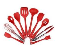10pcs Silicone Ustensiles de Cuisine Spoonula, Brush, Fouet, Spatule, Louche, Slotted Turner et Spoon, Tongs, Pasta Fork -Rouge Rouge G