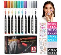10pcs Stylo Tatouage Temporaire, Feutre Tatouage Kit Tatouage de Cadeau avec 50 tatouages, 2 Pochoirs Autocollants Doux pour la Peau pour Garçons, Filles, Carnaval, Halloween, Fête D'anniversaire