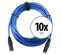 Pronomic Lot de 10 câbles micro XFXM-Blue-10, 10m, XLR femelle 3 broches -> XLR mâle 3 broches, connecteurs soudés main, résistants acides/huiles, décharge traction à pince, bleu métallique.