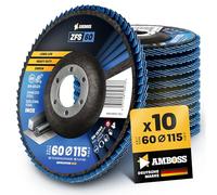 10x disque à lamelles Ø115mm K60 pour acier/acier inoxydable - Polissage déburrage joint de soudure - AMBOSS Werkzeuge ZFS disque à lamelles bleu pour meuleuse d’angle - Mop de ponçage au zirconium