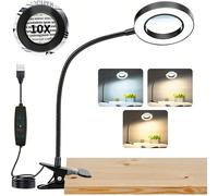 10X Lampe grossissante avec pince, 48 LED Lampe de bureau à pince avec 3 modes d'éclairage, Variation de luminosité sur 10 niveaux, Alimentée par USB 5V, Bras flexible à 360°, Convient pour les travau